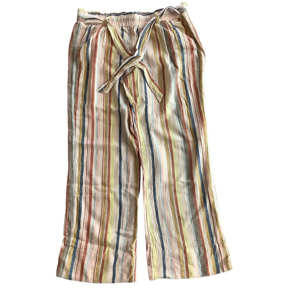 Jolt Pants Large Neutral Stripe Linen Rayon Boho Drawstring Elastic Waist Beach